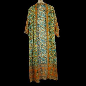 Floral Open Front Kimono with Orange Accents